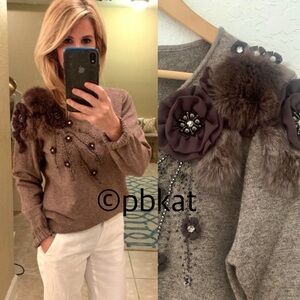 NWT Fur Rhinestone Embroidered VNeck Sweater